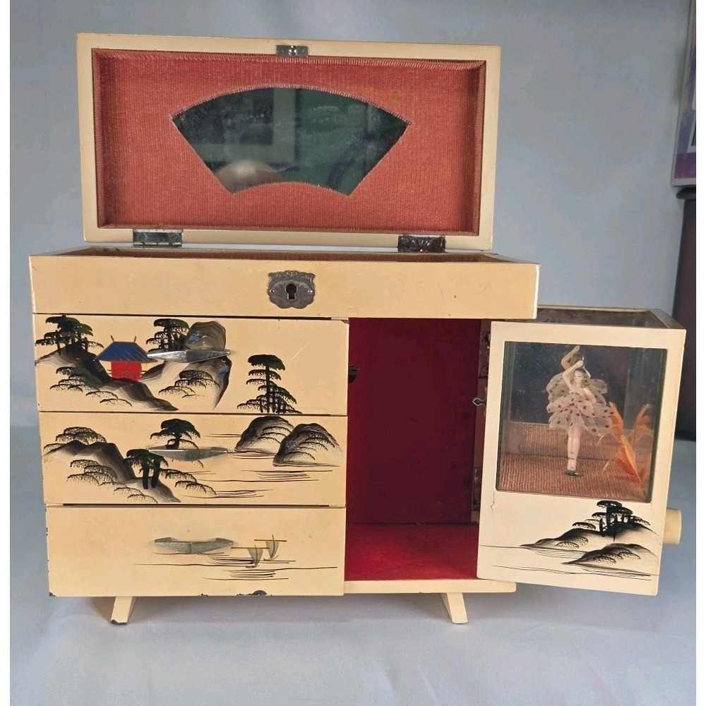 Japanese Lacquerβ Three Drawer Lock Top with Key Jewelry and Music Box SEE PICS